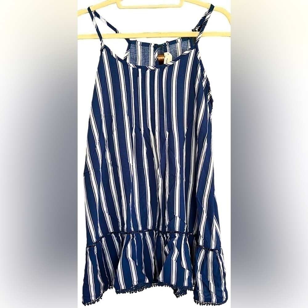 OCEAN DRIVE Blue/White Striped Spaghetti Strap Babydoll Tank Top, Medium, GUC.